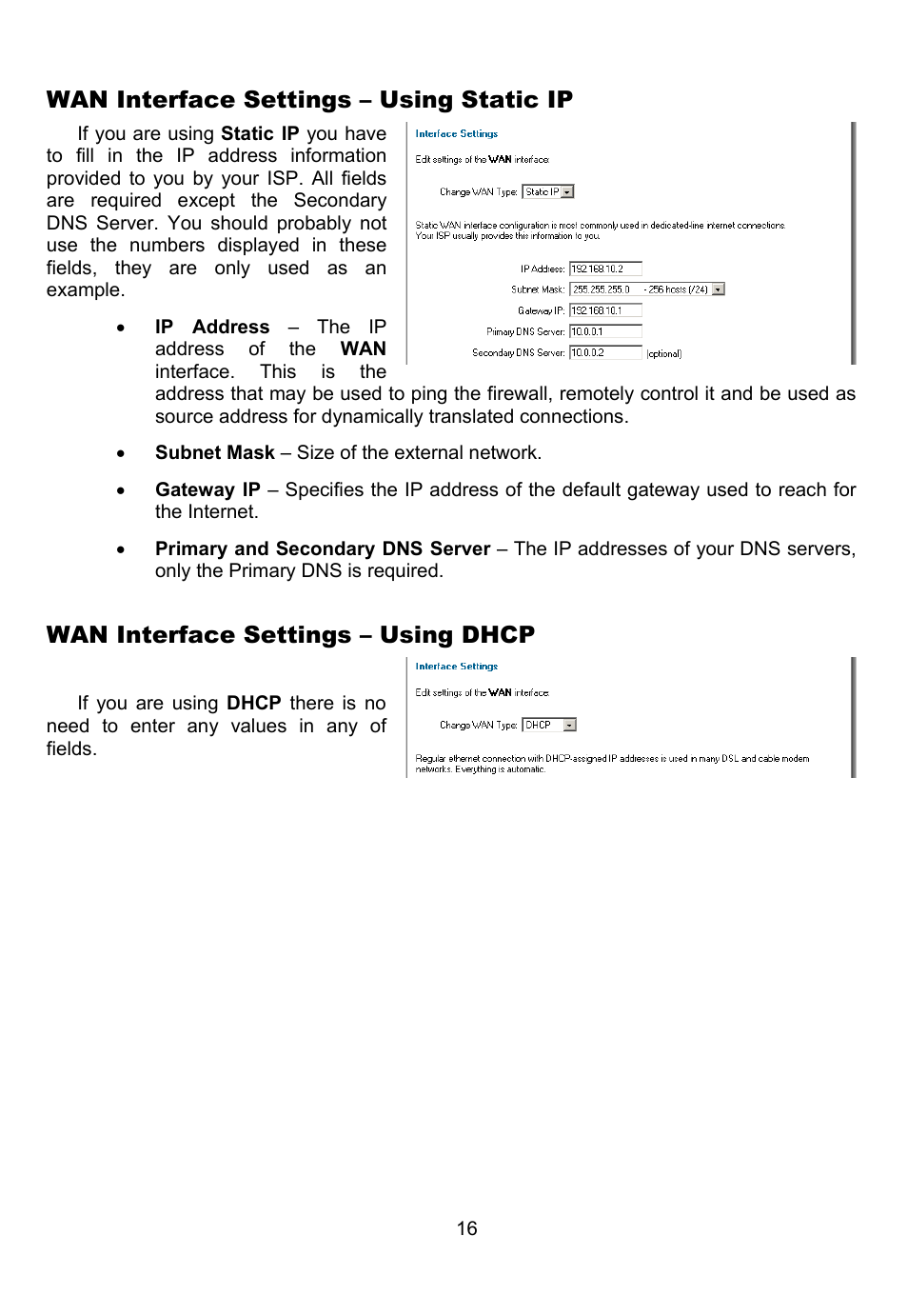 Wan interface settings – using static ip, Wan interface settings – using dhcp | D-Link DFL-700 User Manual | Page 16 / 141