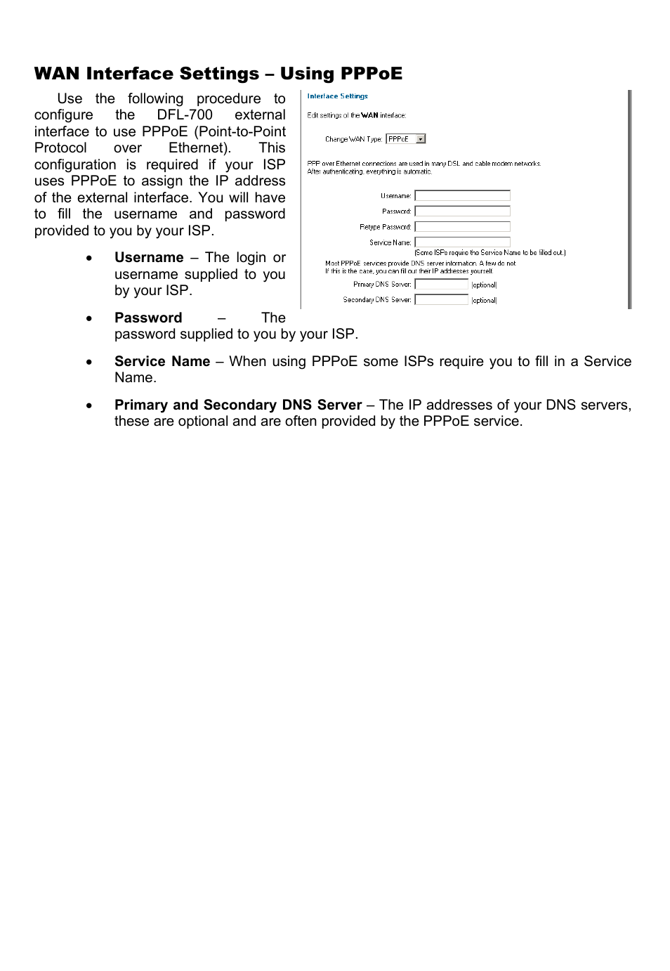 Wan interface settings – using pppoe | D-Link DFL-700 User Manual | Page 17 / 141