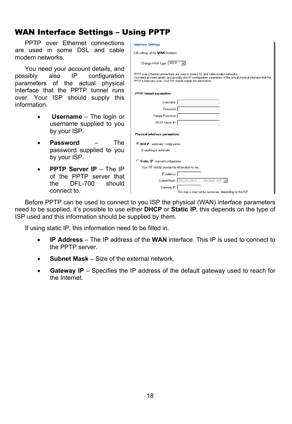 Wan interface settings – using pptp | D-Link DFL-700 User Manual | Page 18 / 141