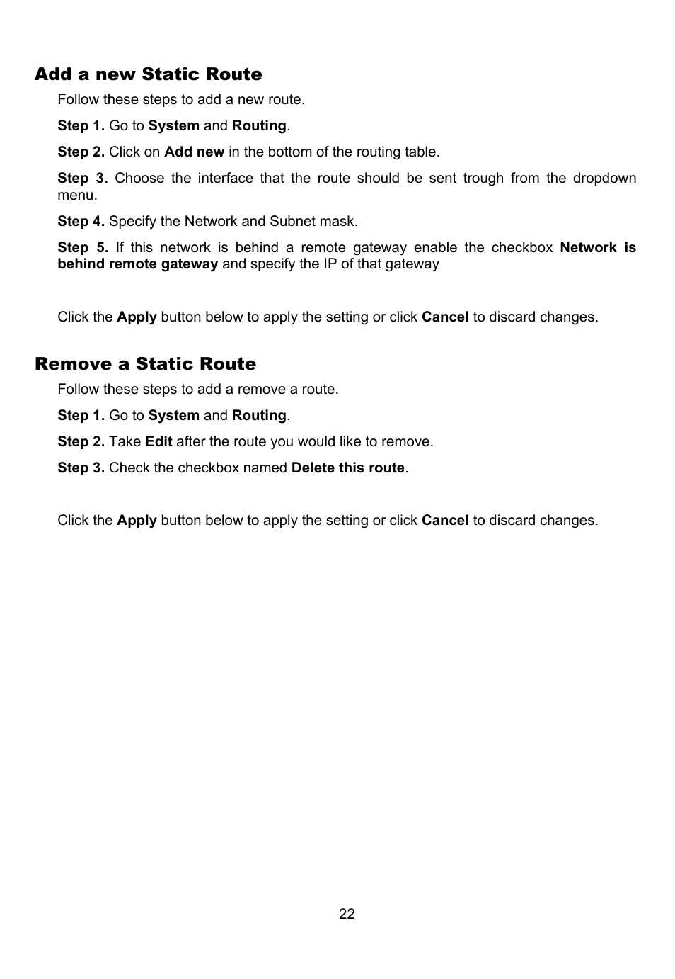 Add a new static route, Remove a static route | D-Link DFL-700 User Manual | Page 22 / 141