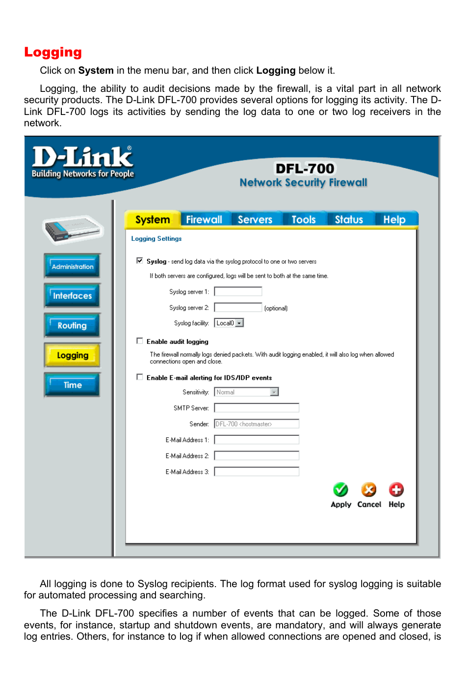 Logging | D-Link DFL-700 User Manual | Page 23 / 141