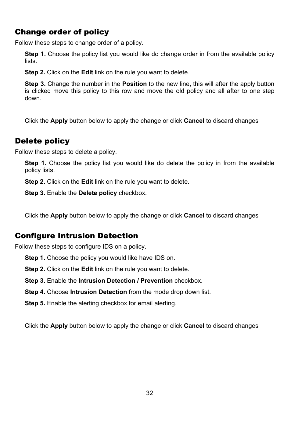 Change order of policy, Delete policy, Configure intrusion detection | D-Link DFL-700 User Manual | Page 32 / 141