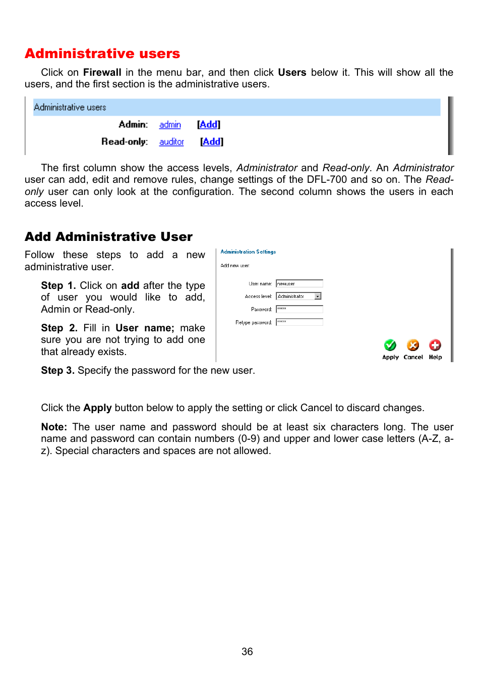 Administrative users | D-Link DFL-700 User Manual | Page 36 / 141