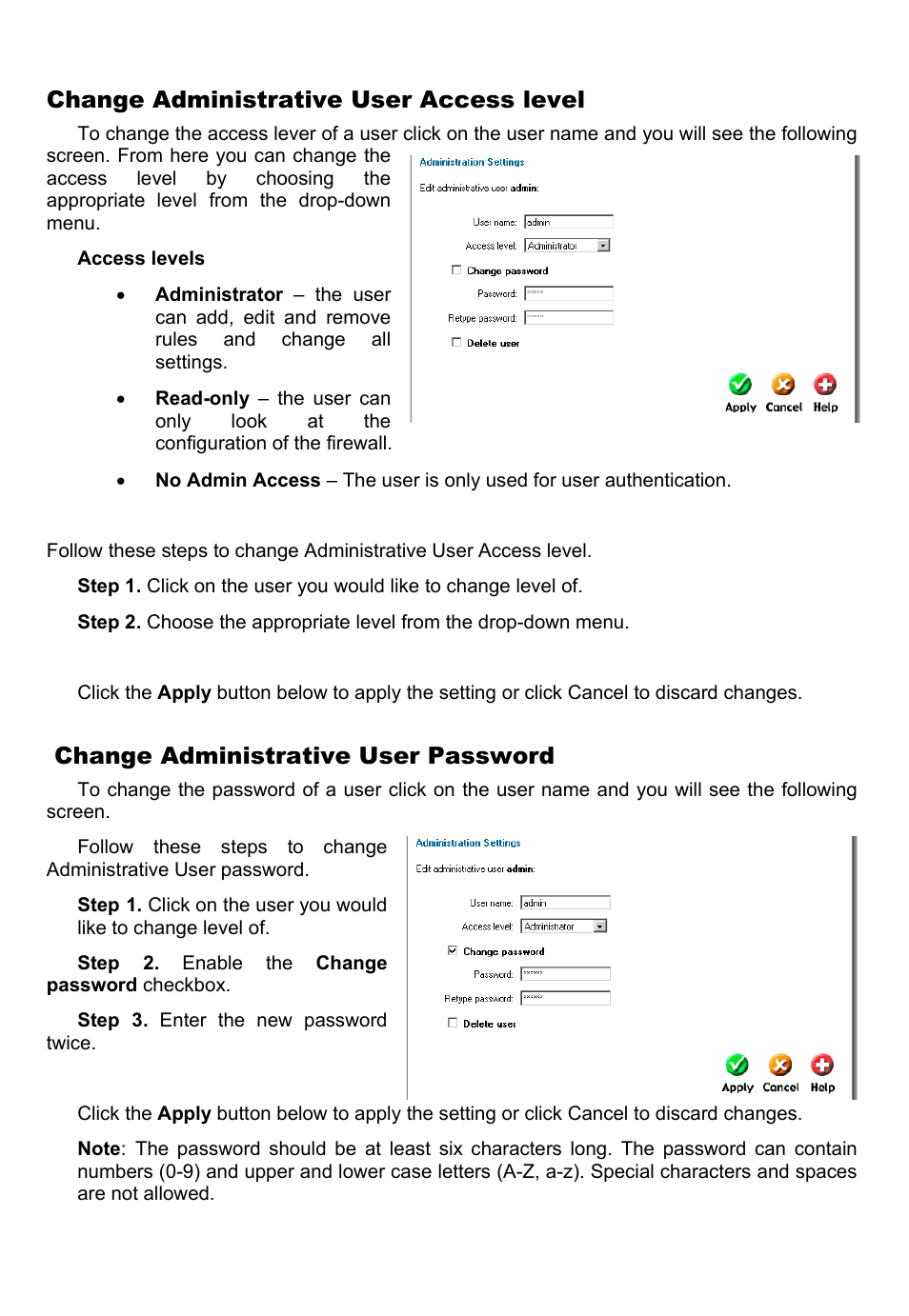 Change administrative user access level, Change administrative user password | D-Link DFL-700 User Manual | Page 37 / 141