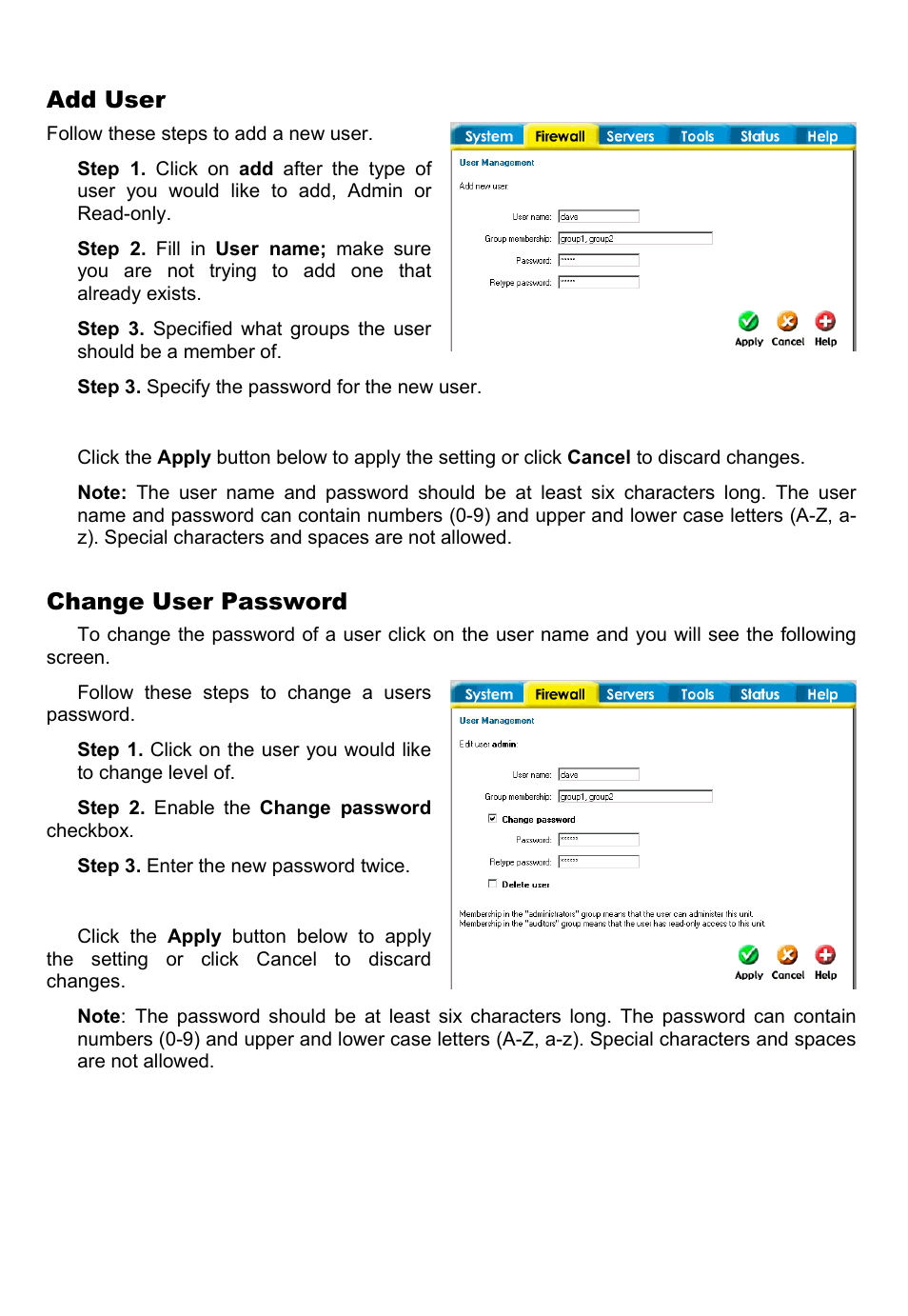 Add user, Change user password | D-Link DFL-700 User Manual | Page 41 / 141