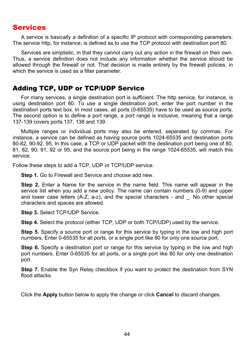 Services, Adding tcp, udp or tcp/udp service | D-Link DFL-700 User Manual | Page 44 / 141