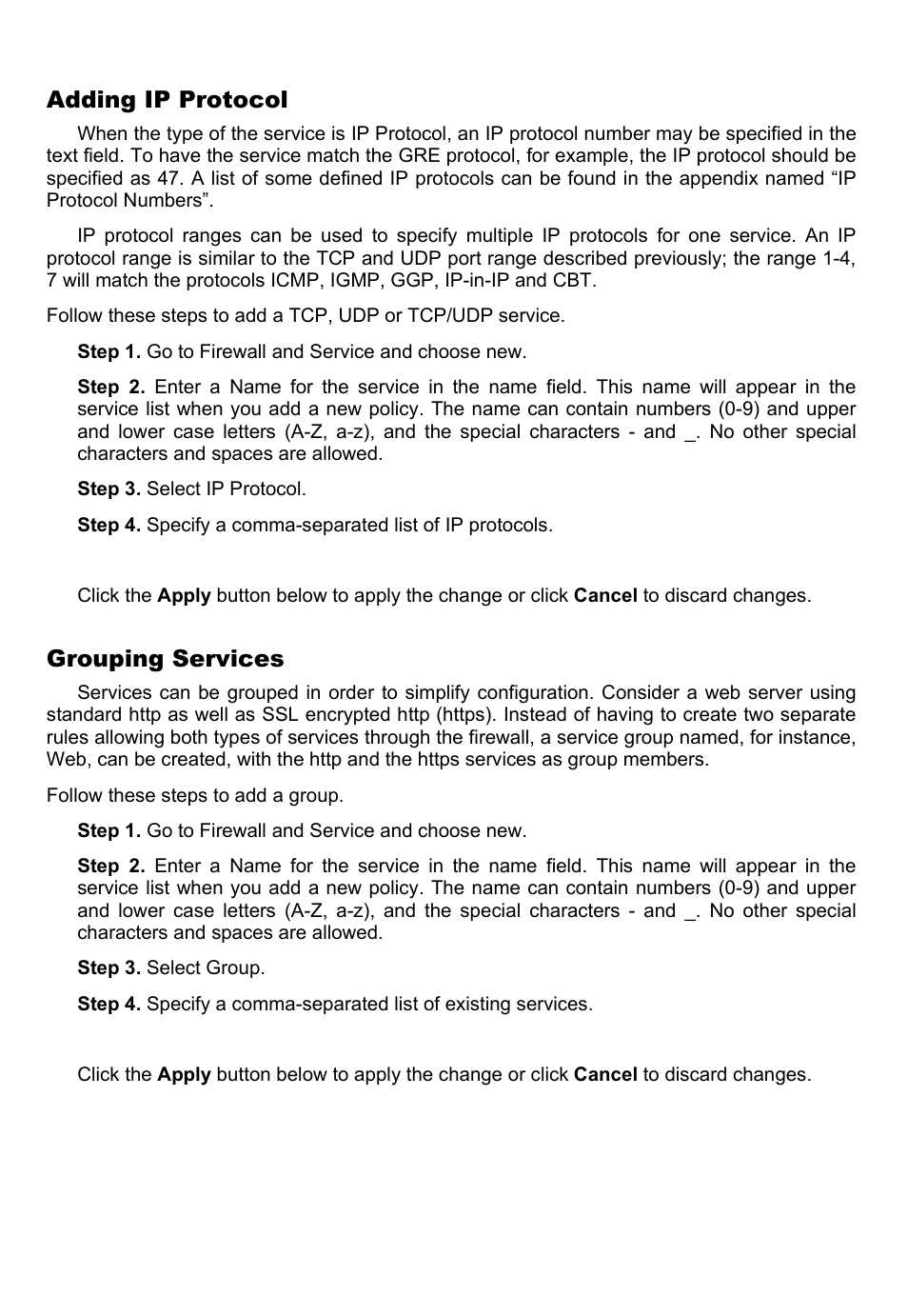 Adding ip protocol, Grouping services | D-Link DFL-700 User Manual | Page 45 / 141