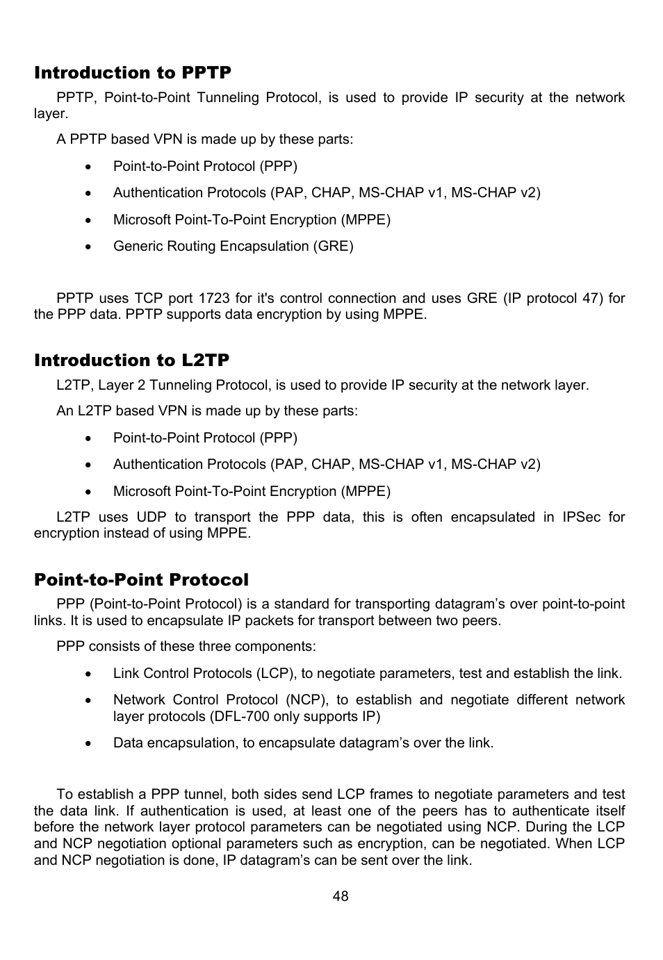 Introduction to pptp, Introduction to l2tp, Point-to-point protocol | D-Link DFL-700 User Manual | Page 48 / 141