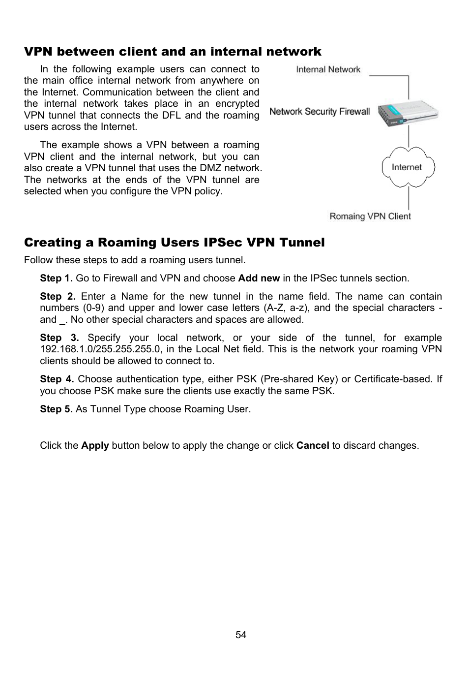 Vpn between client and an internal network, Creating a roaming users ipsec vpn tunnel | D-Link DFL-700 User Manual | Page 54 / 141