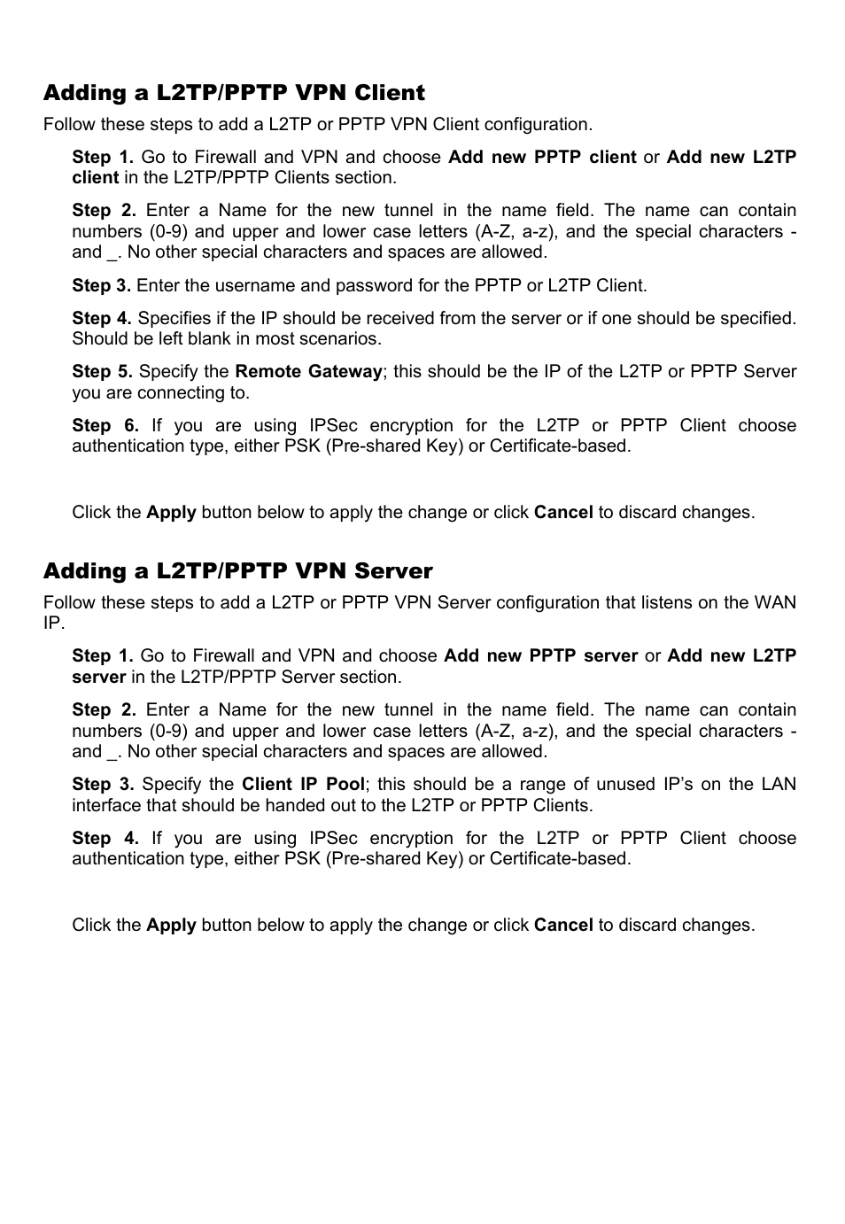 Adding a l2tp/pptp vpn client, Adding a l2tp/pptp vpn server | D-Link DFL-700 User Manual | Page 55 / 141