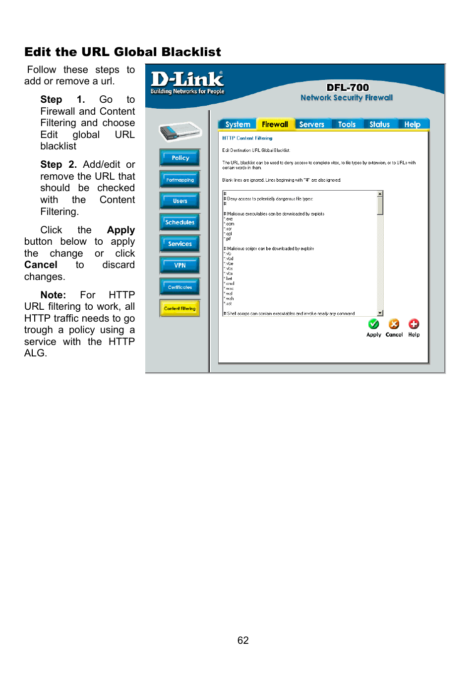 Edit the url global blacklist | D-Link DFL-700 User Manual | Page 62 / 141