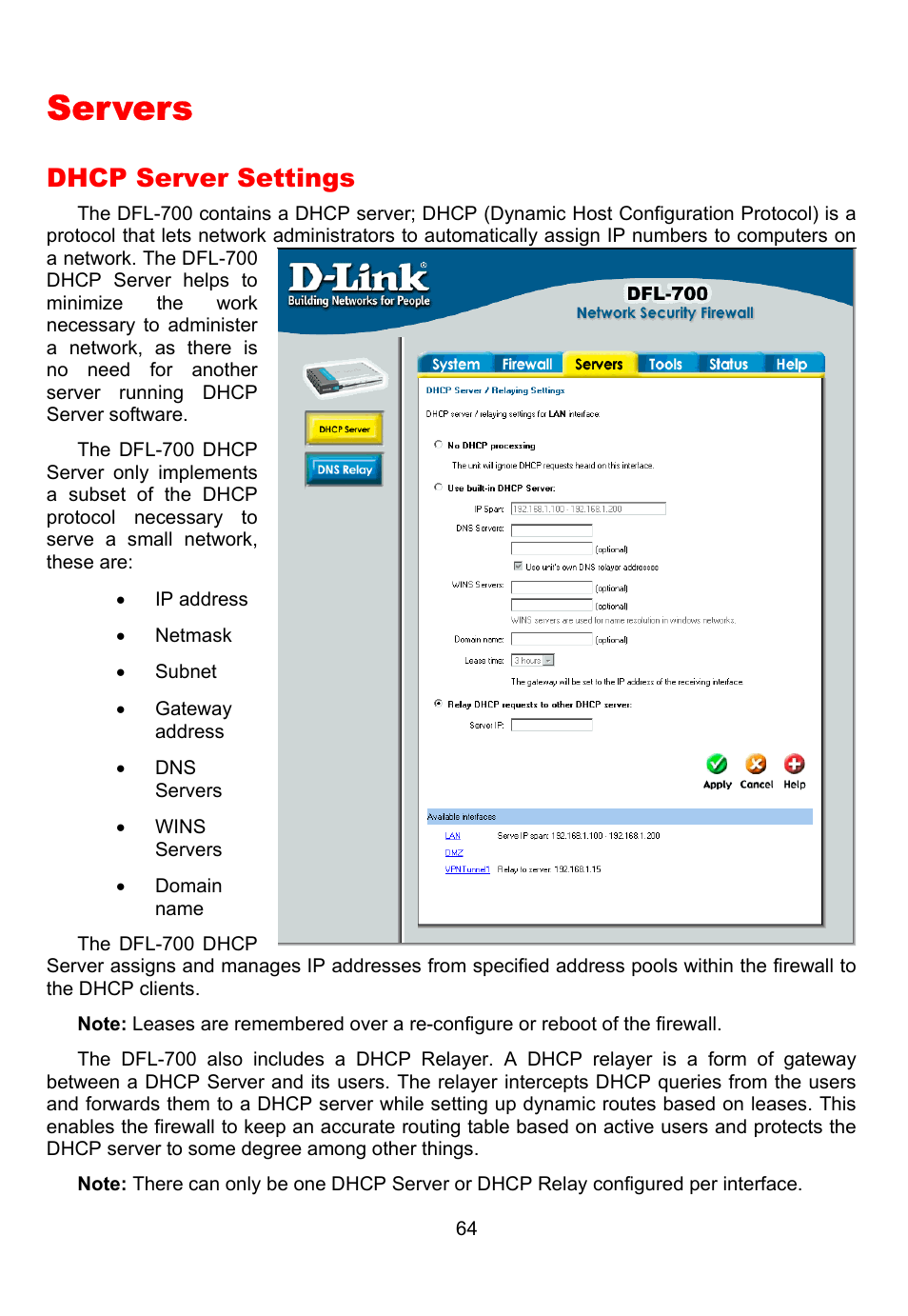 Servers, Dhcp server settings | D-Link DFL-700 User Manual | Page 64 / 141