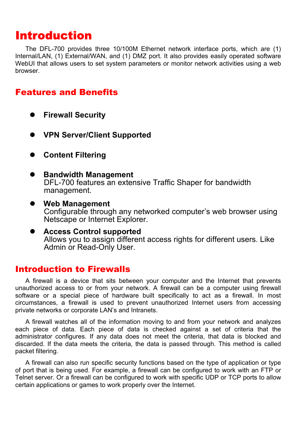 Introduction, Features and benefits, Introduction to firewalls | D-Link DFL-700 User Manual | Page 7 / 141