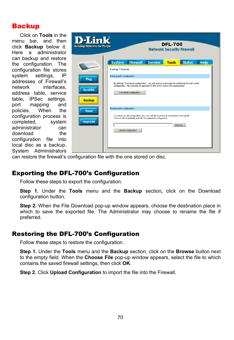 Backup | D-Link DFL-700 User Manual | Page 70 / 141