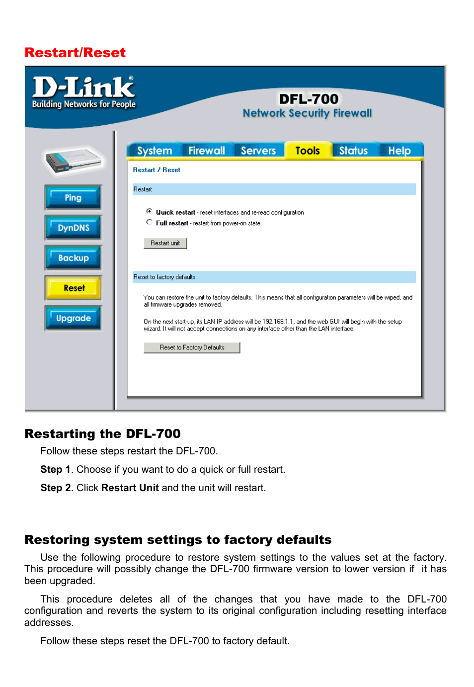 Restart/reset | D-Link DFL-700 User Manual | Page 71 / 141