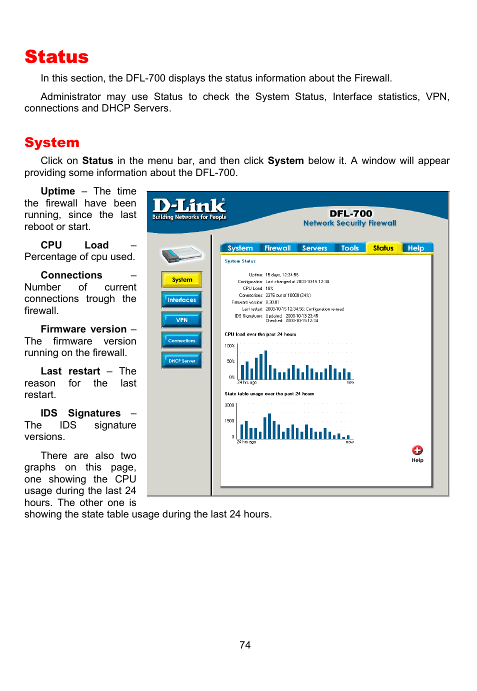 Status, System | D-Link DFL-700 User Manual | Page 74 / 141