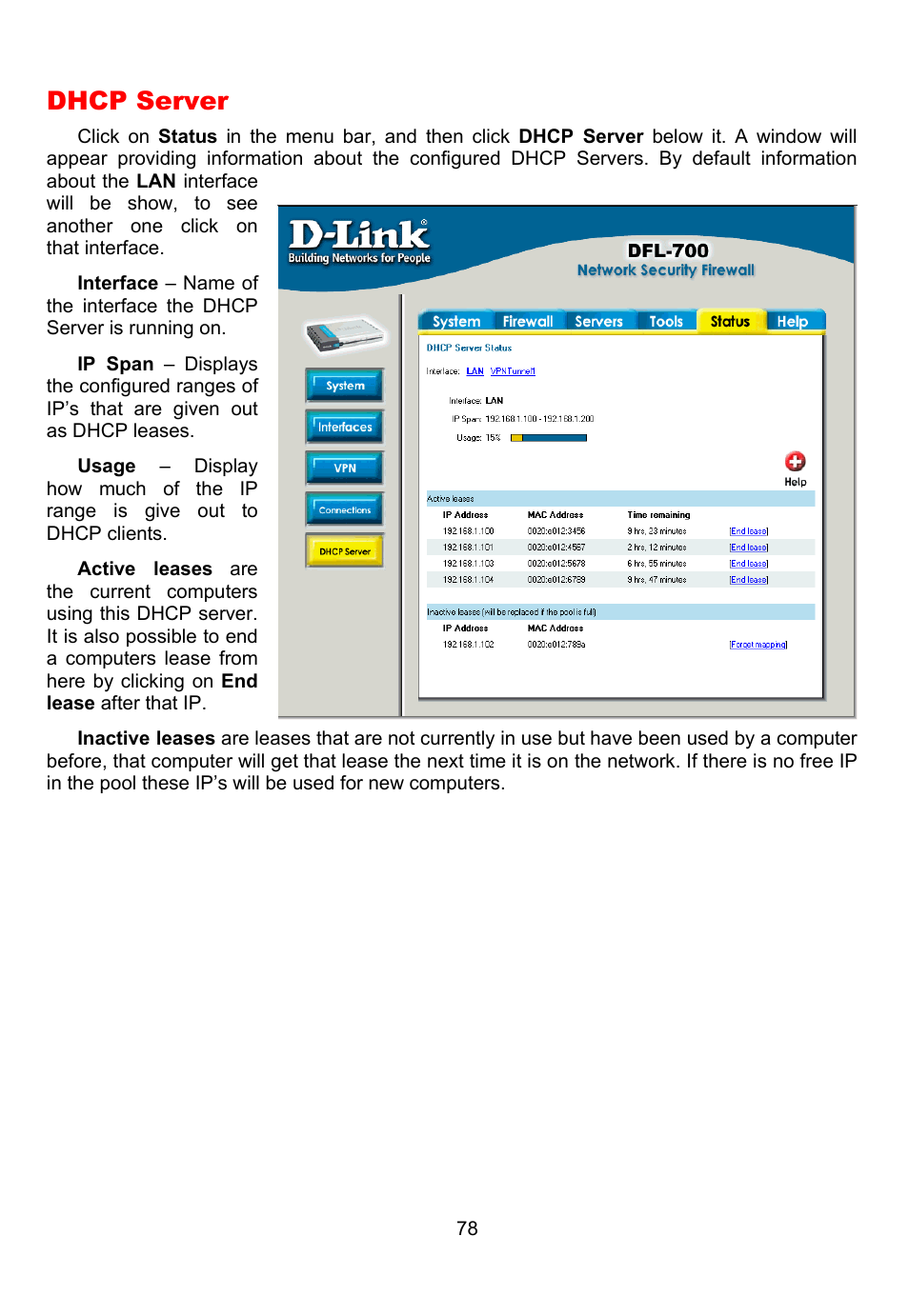 Dhcp server | D-Link DFL-700 User Manual | Page 78 / 141