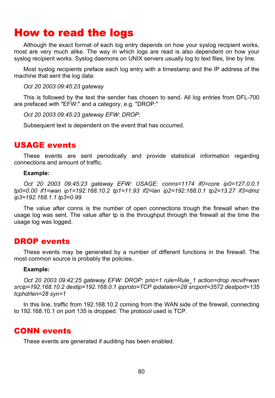 How to read the logs, Usage events, Drop events | Conn events | D-Link DFL-700 User Manual | Page 80 / 141