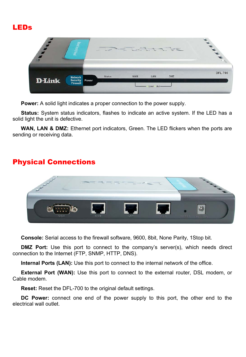 Leds, Physical connections | D-Link DFL-700 User Manual | Page 9 / 141
