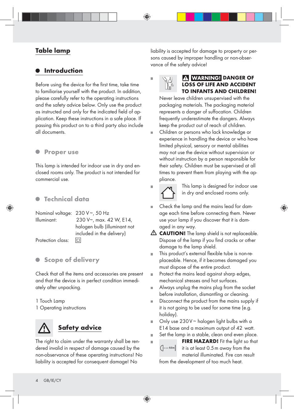 Table lamp introduction, Proper use, Technical data | Scope of delivery, Safety advice | Livarno Z31207A-BS Z31207B-BS User Manual | Page 4 / 8