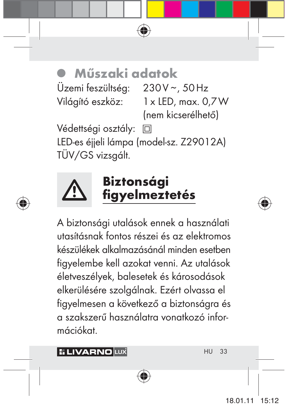 Műszaki adatok, Biztonsági ﬁgyelmeztetés | Livarno Z29012A-BS User Manual | Page 35 / 93