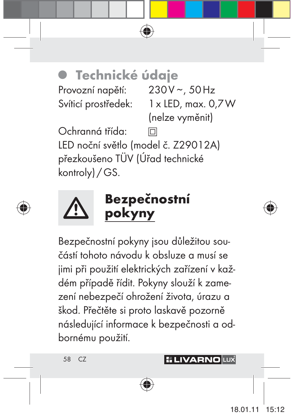 Technické údaje, Bezpečnostní pokyny | Livarno Z29012A-BS User Manual | Page 60 / 93