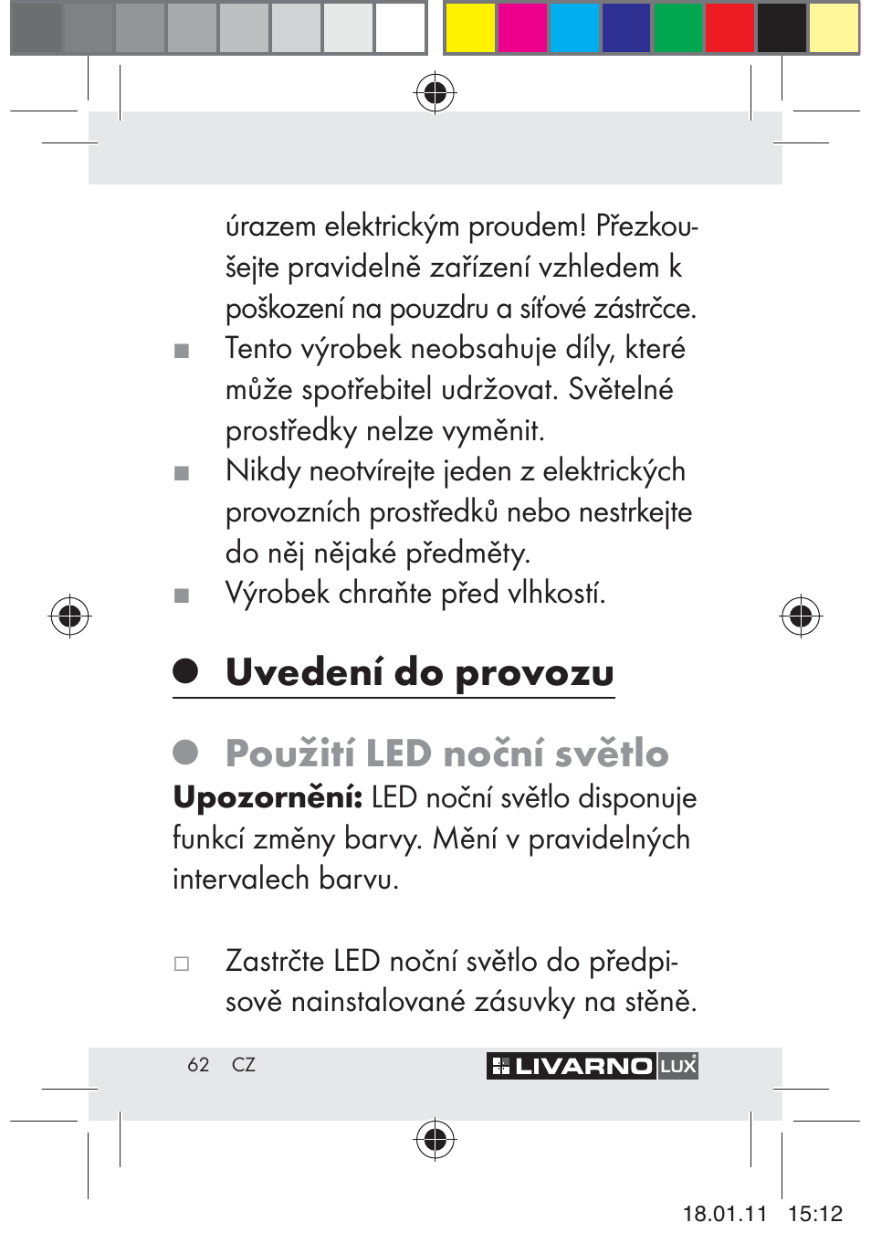 Uvedení do provozu, Použití led noční světlo | Livarno Z29012A-BS User Manual | Page 64 / 93