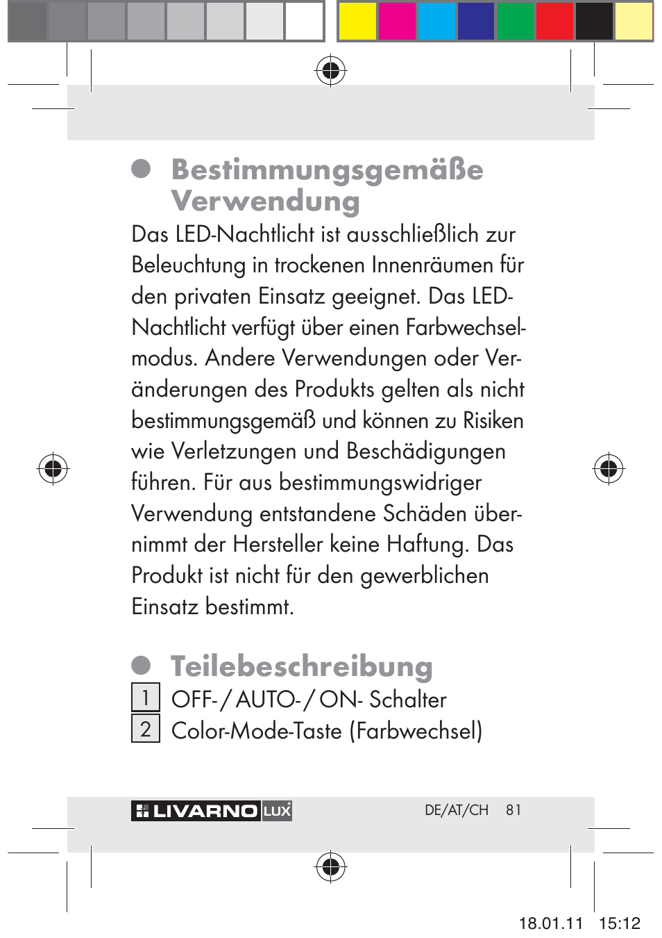 Bestimmungsgemäße verwendung, Teilebeschreibung, Off- / auto- / on- schalter | Color-mode-taste (farbwechsel) | Livarno Z29012A-BS User Manual | Page 83 / 93