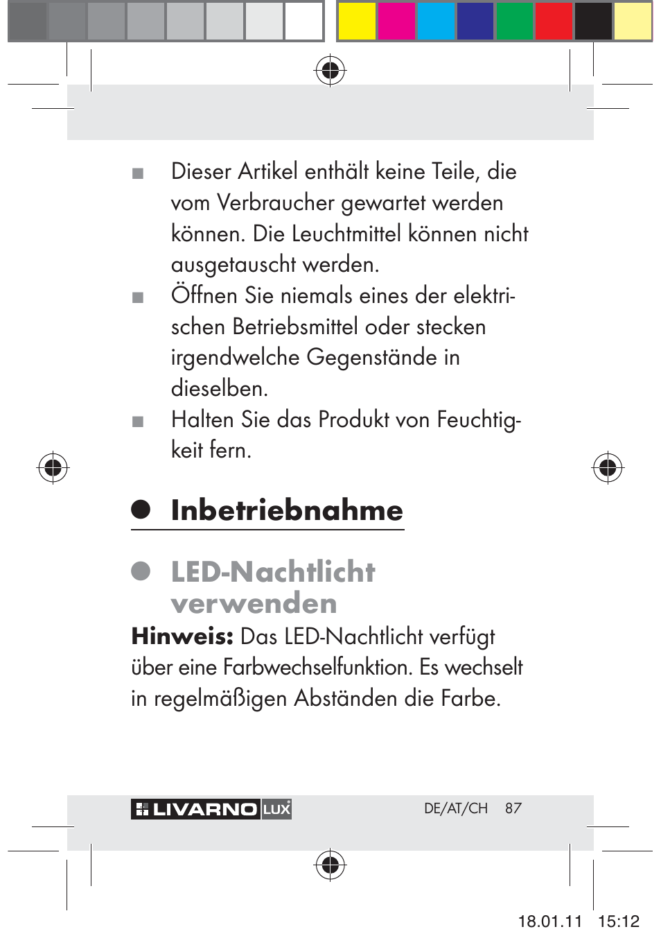 Inbetriebnahme, Led-nachtlicht verwenden | Livarno Z29012A-BS User Manual | Page 89 / 93