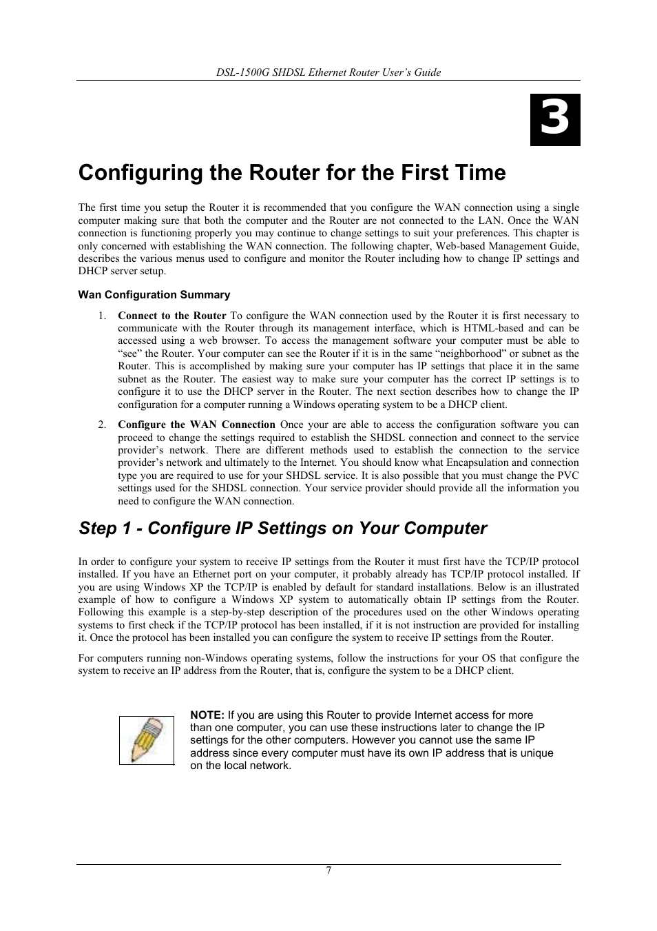 Configuring the router for the first time, Step 1 - configure ip settings on your computer | D-Link DSL-1500G User Manual | Page 17 / 62