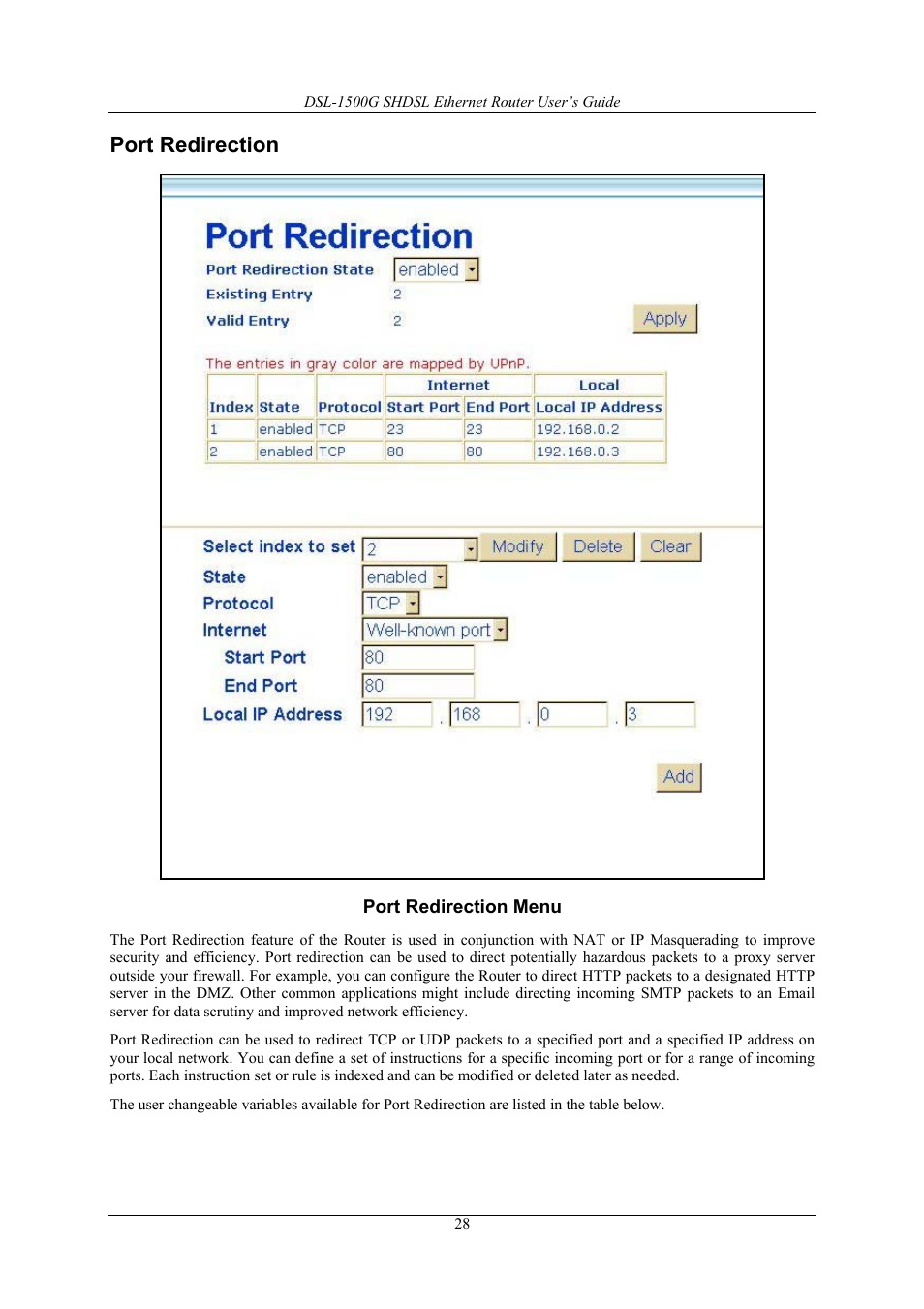 Port redirection | D-Link DSL-1500G User Manual | Page 38 / 62