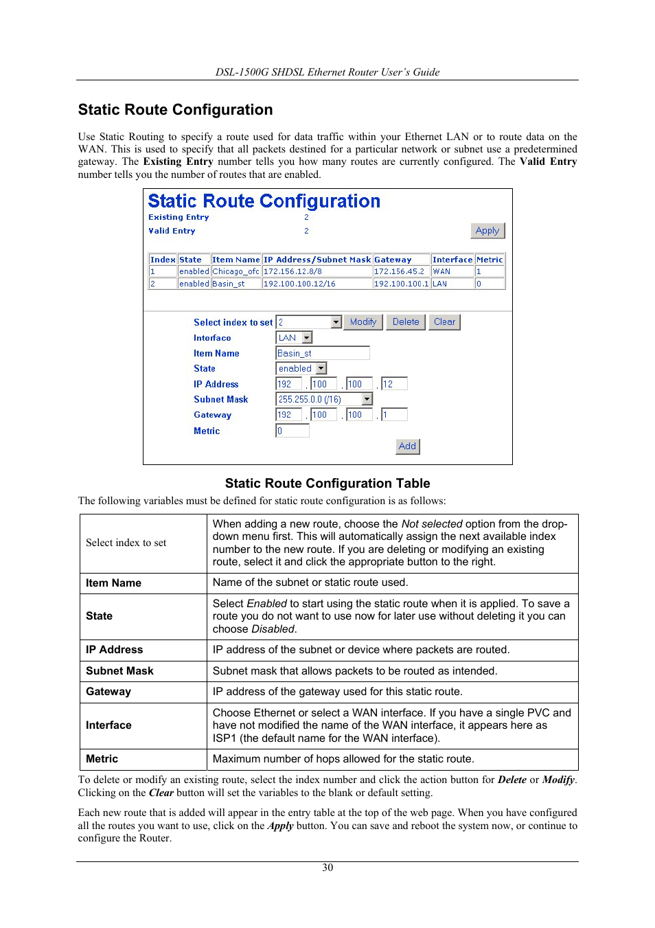 Static route configuration | D-Link DSL-1500G User Manual | Page 40 / 62