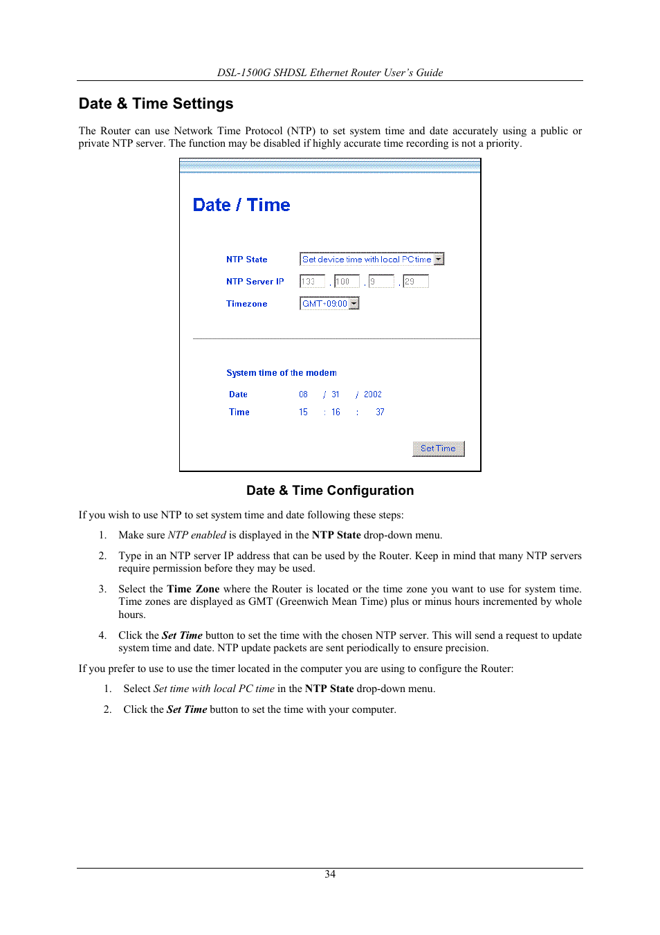 Date & time settings | D-Link DSL-1500G User Manual | Page 44 / 62