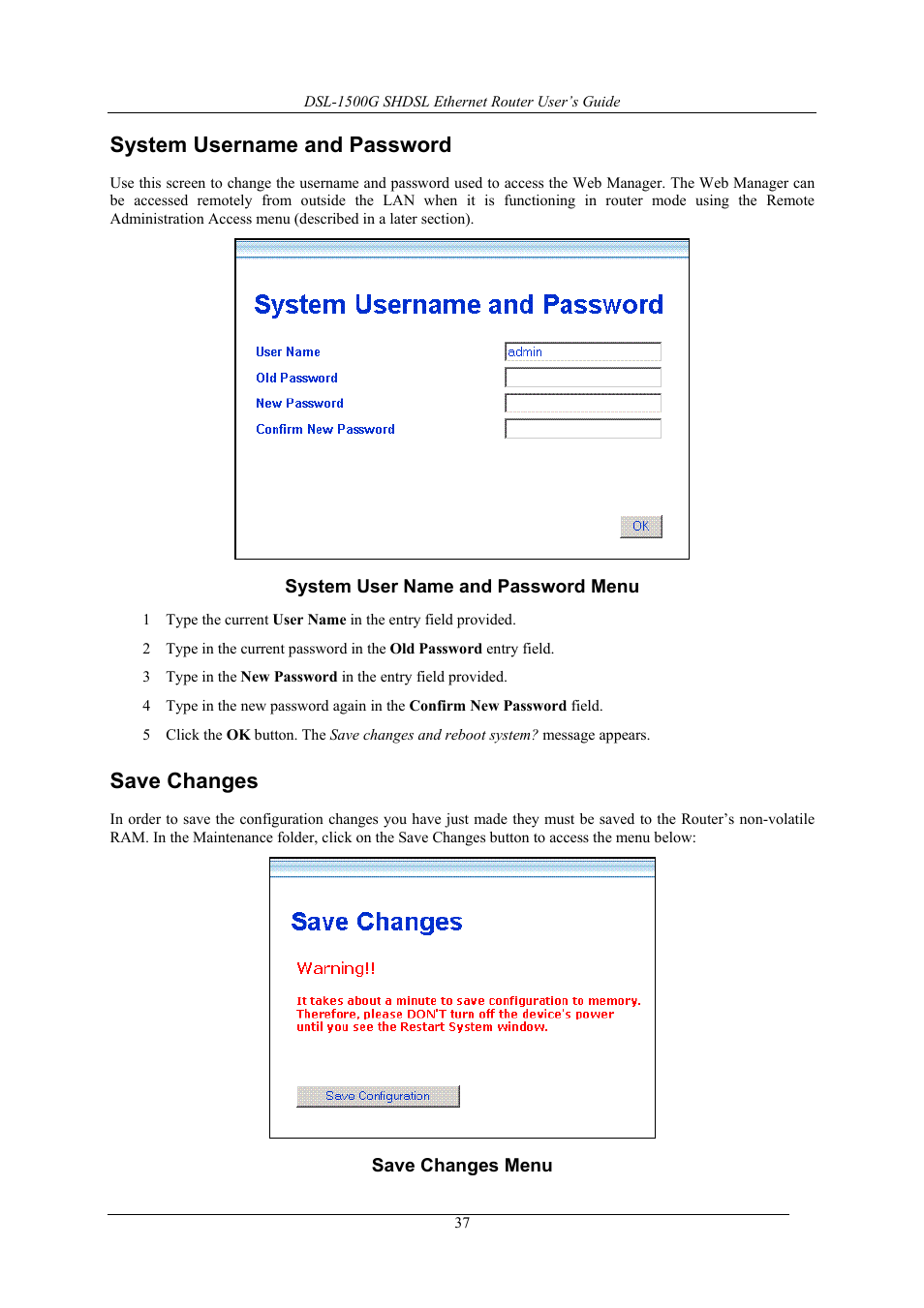 System username and password, Save changes | D-Link DSL-1500G User Manual | Page 47 / 62