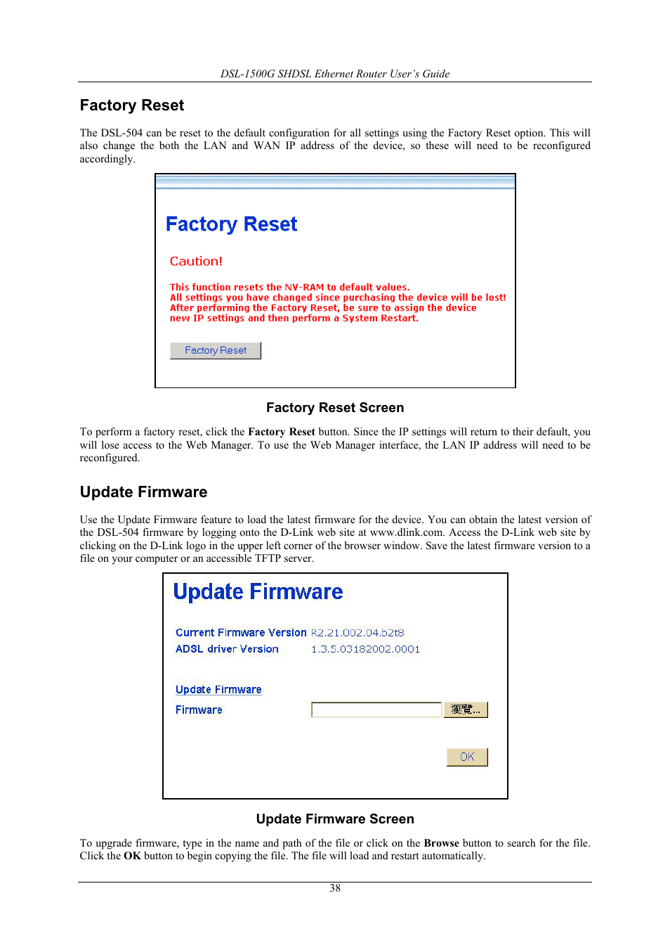 Factory reset, Update firmware | D-Link DSL-1500G User Manual | Page 48 / 62