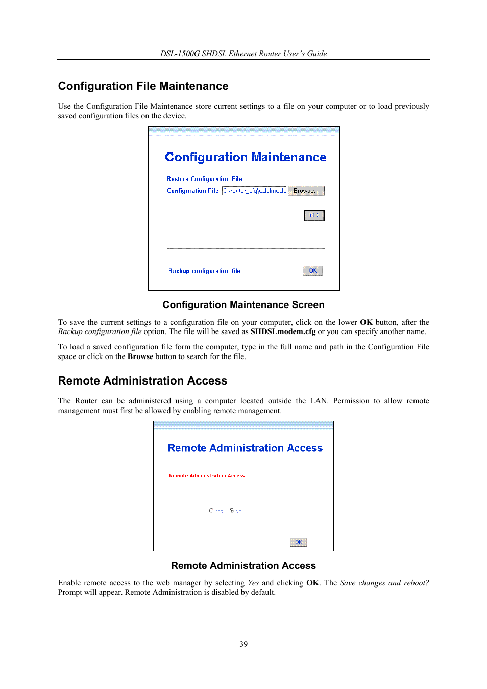 Configuration file maintenance, Remote administration access | D-Link DSL-1500G User Manual | Page 49 / 62