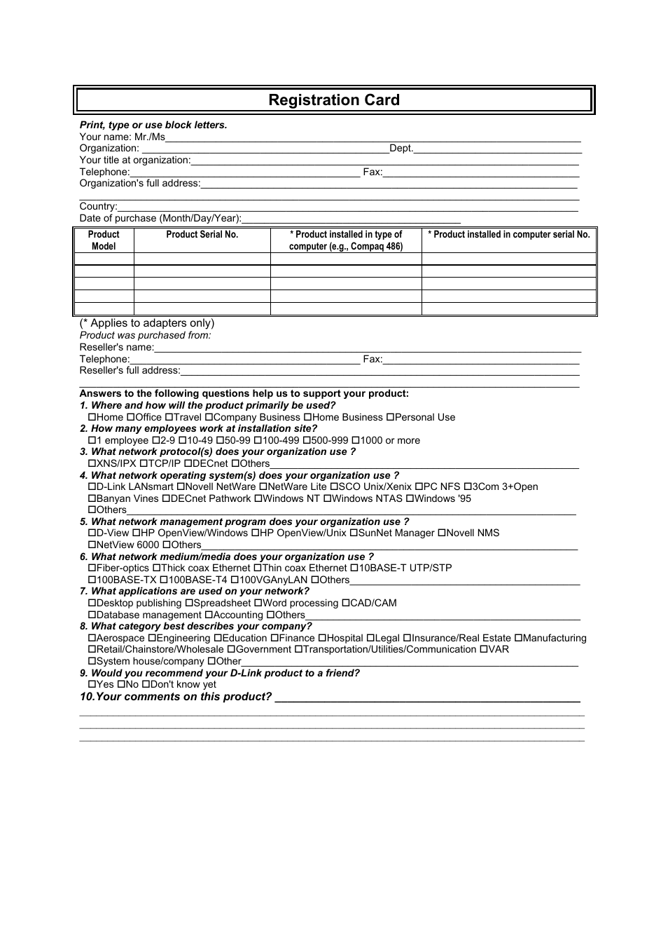 Registration card | D-Link DSL-1500G User Manual | Page 61 / 62