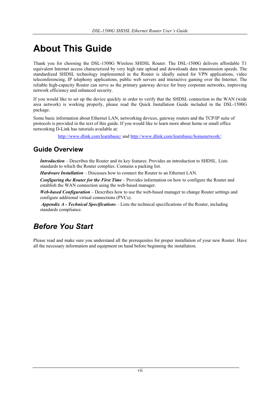 About this guide, Before you start, Guide overview | D-Link DSL-1500G User Manual | Page 7 / 62