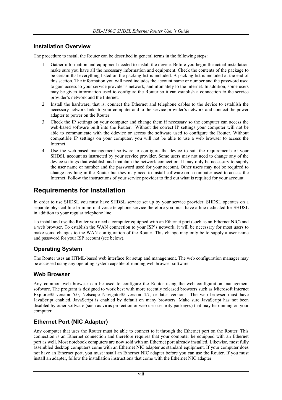 Requirements for installation | D-Link DSL-1500G User Manual | Page 8 / 62