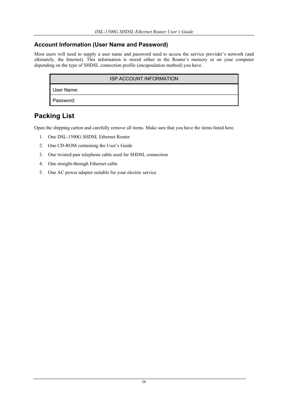 Packing list | D-Link DSL-1500G User Manual | Page 9 / 62