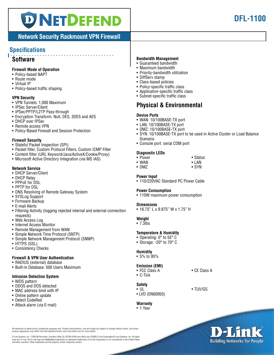Dfl-1100, Software, Physical & environmental | D-Link DFL-1100 User Manual | Page 2 / 2