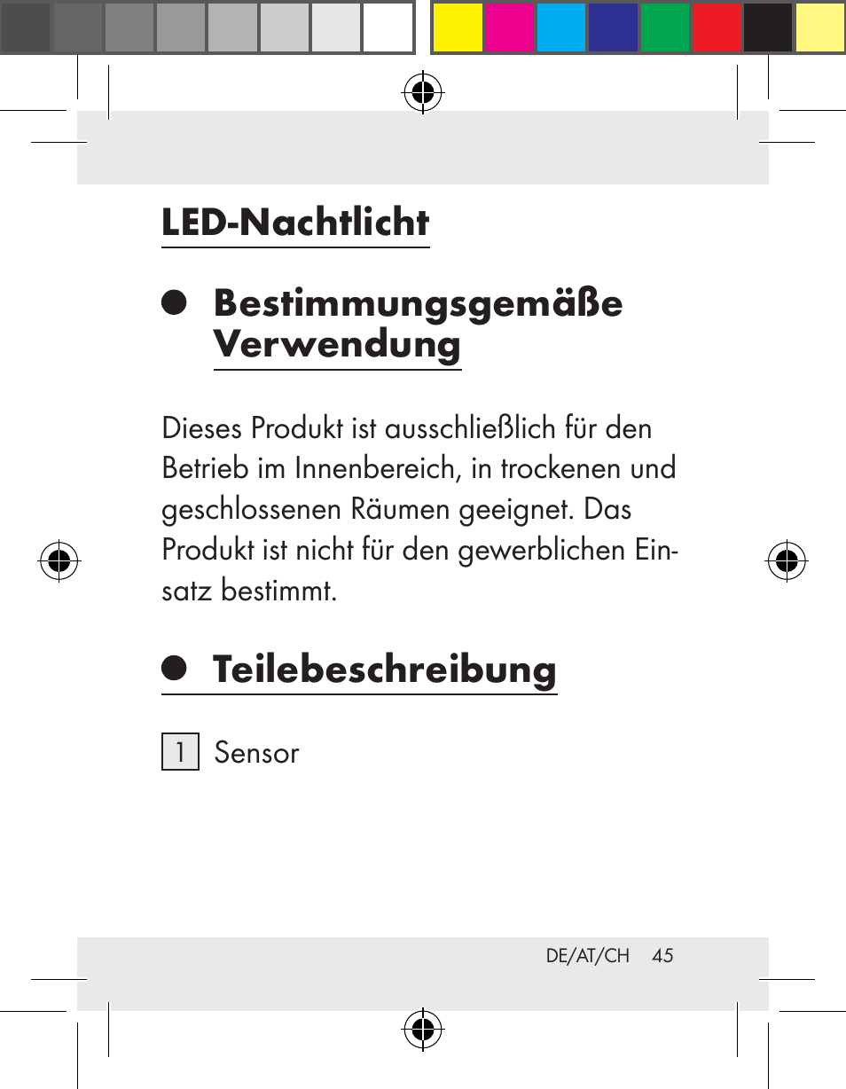 Led-nachtlicht, Bestimmungsgemäße verwendung, Teilebeschreibung | Livarno Z31172..-BS User Manual | Page 45 / 54