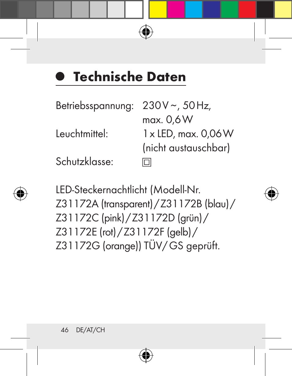 Technische daten | Livarno Z31172..-BS User Manual | Page 46 / 54