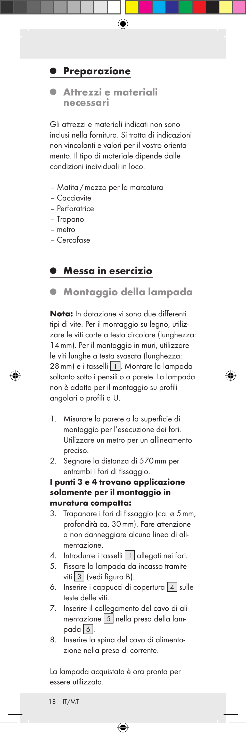 Preparazione attrezzi e materiali necessari, Messa in esercizio montaggio della lampada | Livarno Z31159A-BS Z31159B-BS User Manual | Page 18 / 48