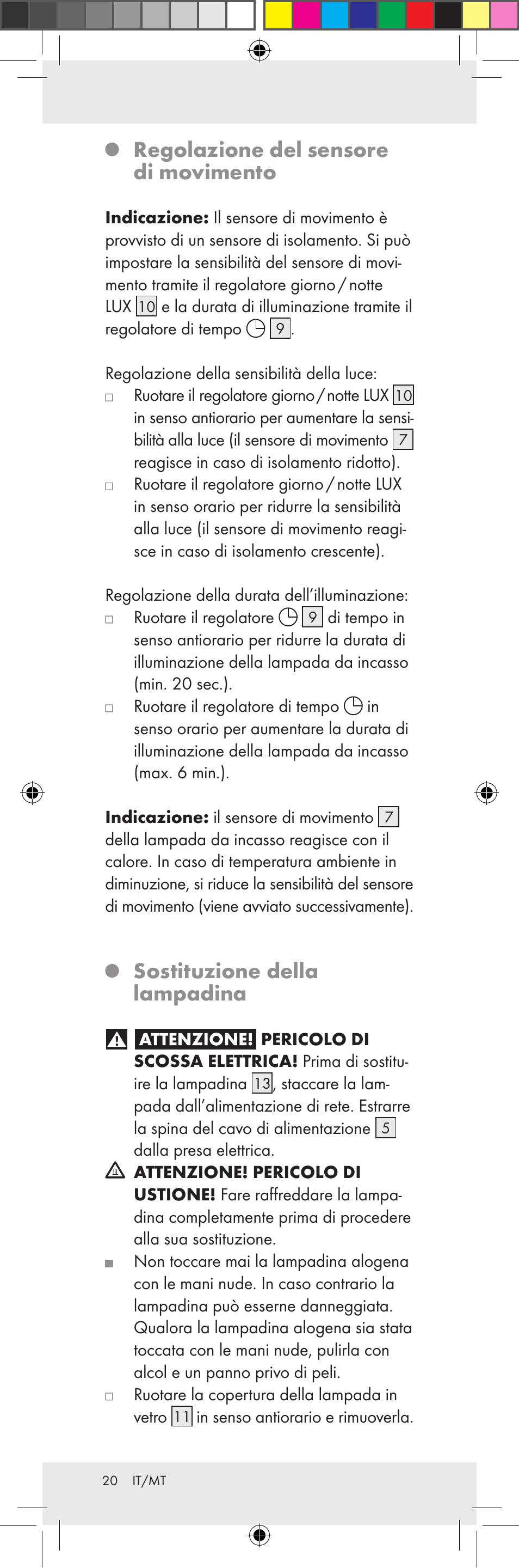 Regolazione del sensore di movimento, Sostituzione della lampadina | Livarno Z31159A-BS Z31159B-BS User Manual | Page 20 / 48