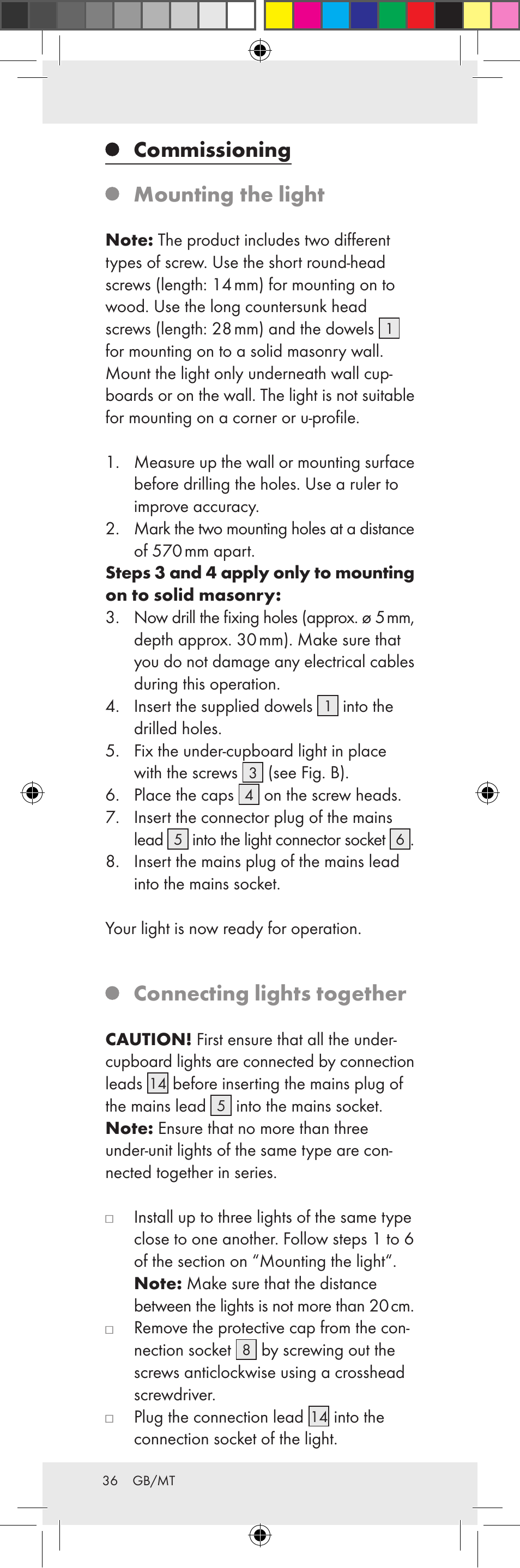 Commissioning mounting the light, Connecting lights together | Livarno Z31159A-BS Z31159B-BS User Manual | Page 36 / 48