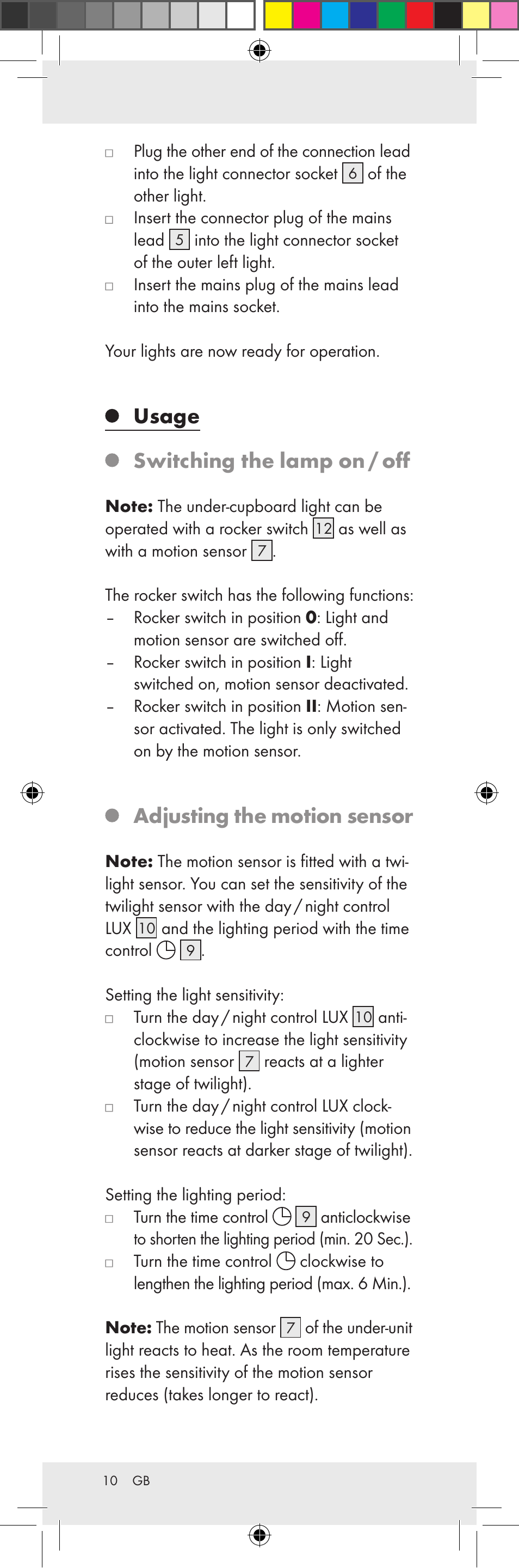 Usage switching the lamp on / off, Adjusting the motion sensor | Livarno Z31159A-BS Z31159B-BS User Manual | Page 10 / 62