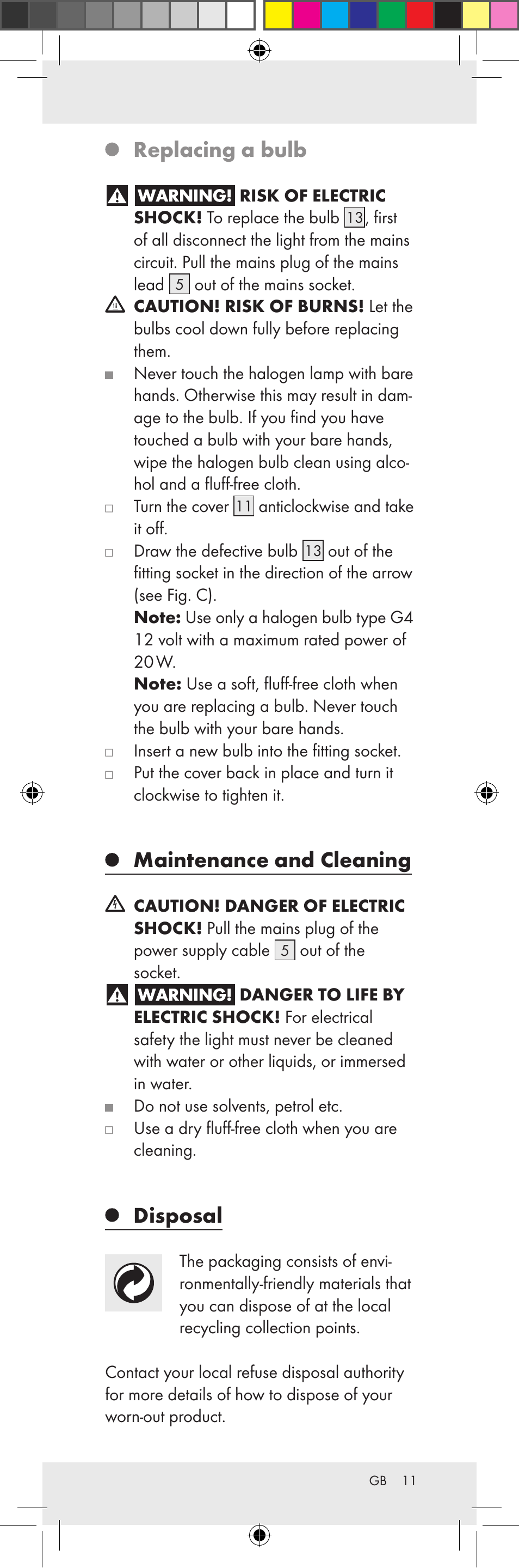 Replacing a bulb, Maintenance and cleaning, Disposal | Livarno Z31159A-BS Z31159B-BS User Manual | Page 11 / 62