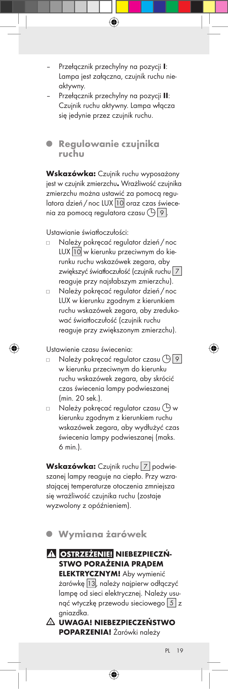 Regulowanie czujnika ruchu, Wymiana żarówek | Livarno Z31159A-BS Z31159B-BS User Manual | Page 19 / 62