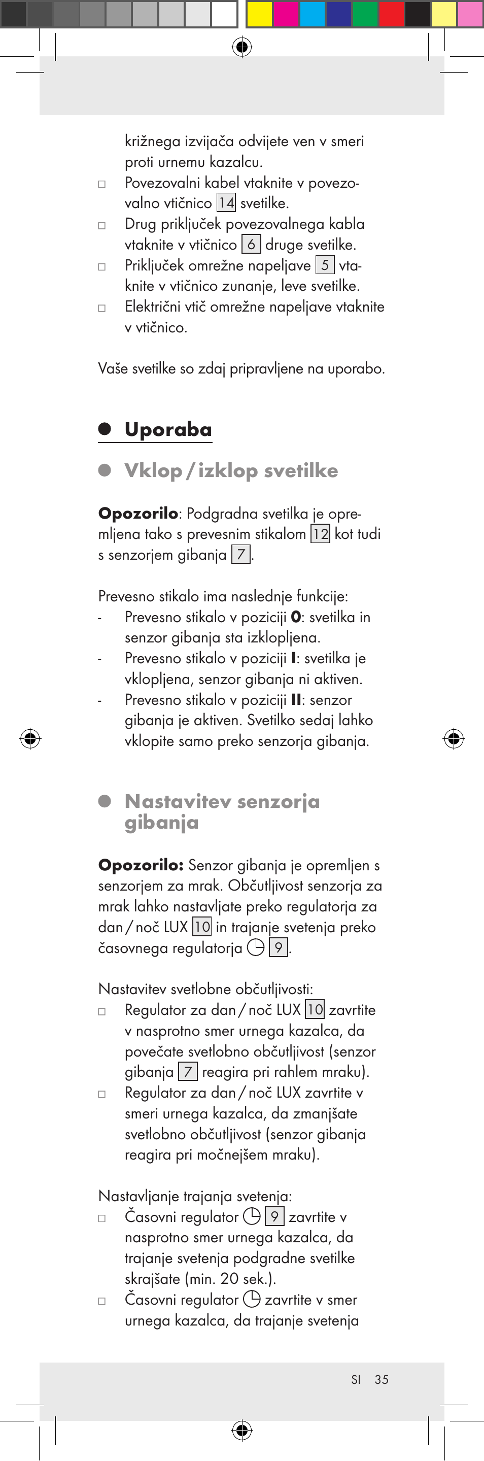 Uporaba vklop / izklop svetilke, Nastavitev senzorja gibanja | Livarno Z31159A-BS Z31159B-BS User Manual | Page 35 / 62